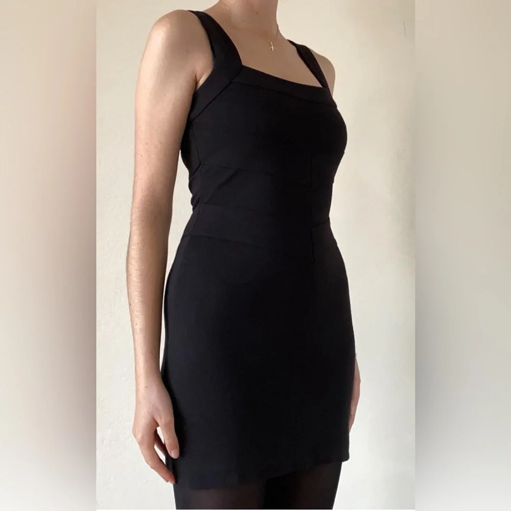 Paige. Sleeveless Little Black Mini Tank Dress Pieced Chevron Waist Square Neck